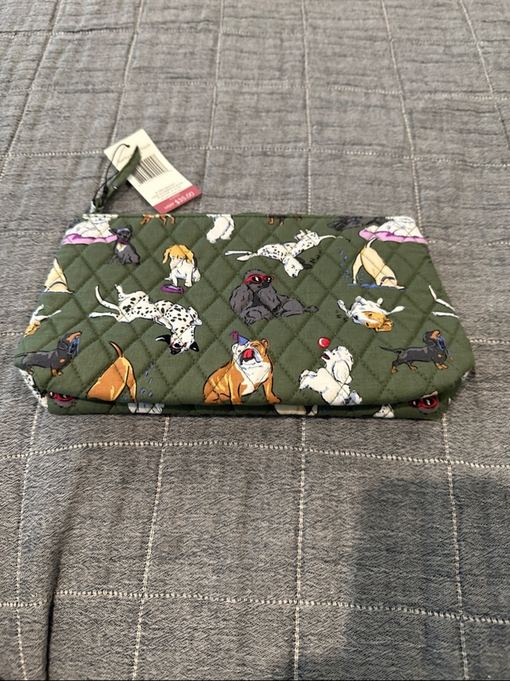 Quilted Dog-Print Toiletry Bag in Olive Green-NWT